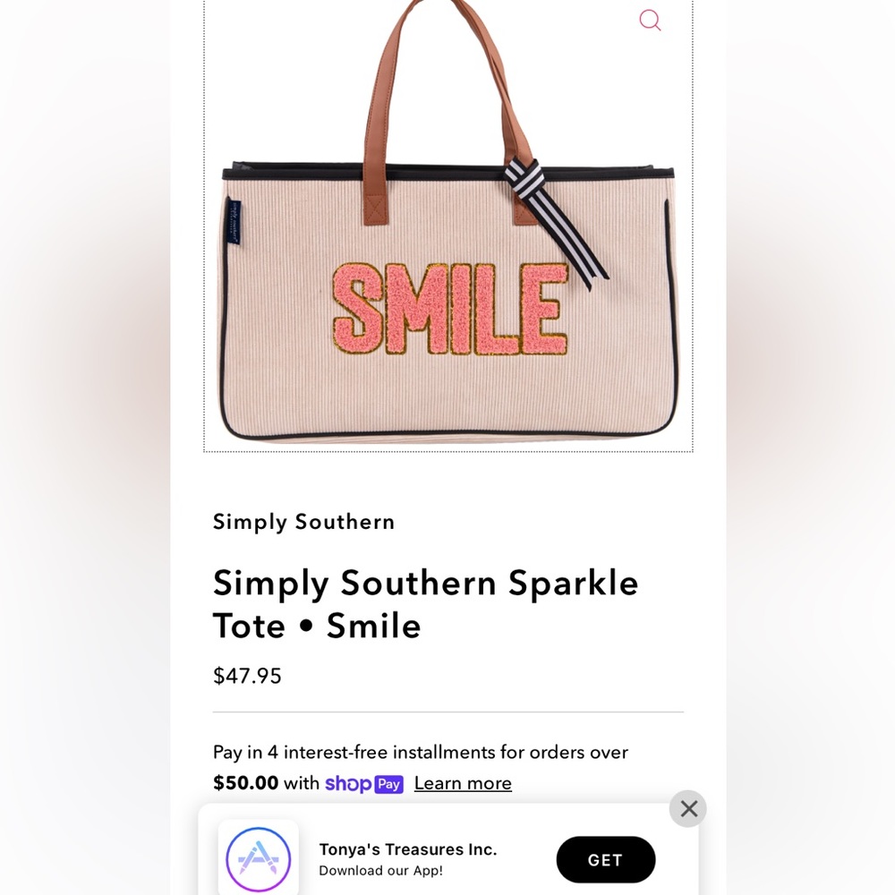 Simply southern‎ smile sparkle tote. New with tags. Retail 51